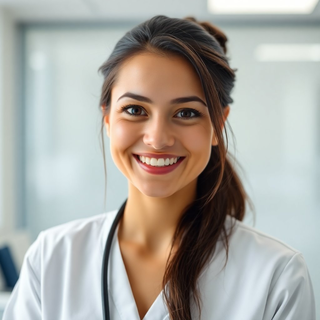 Professional female physiotherapist in clinical setting, warm smile, white medical tunic, soft natural lighting, blurred modern rehabilitation clinic background, high quality photography, trustworthy look.
